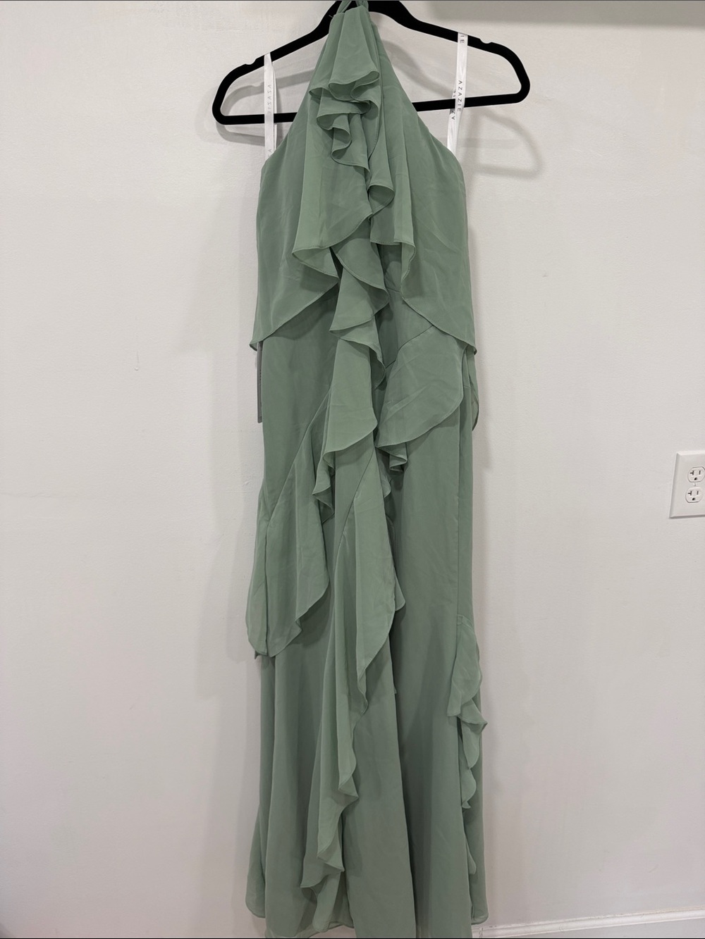 Azazie Velma Halter Ruffle Chiffon Maxi Dress Matcha - Picture 5 of 5
